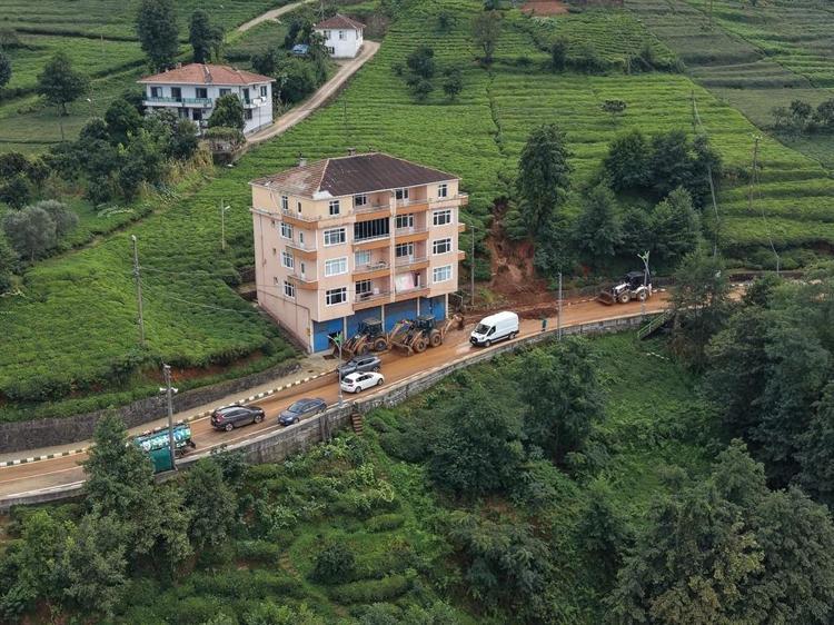 Rize'de heyelanlı bölgede çay hasadı
