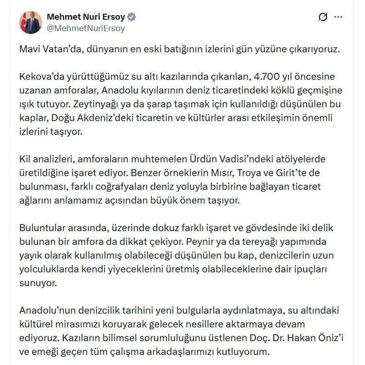 Bakan Ersoy: Dünyanın en eski batığının izlerini gün yüzüne çıkarıyoruz