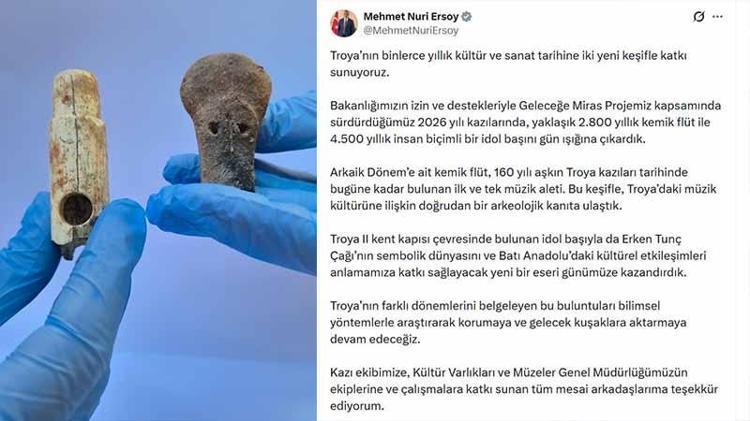Çanakkale Troya'da 2 bin 800 yıllık kemik flüt ve 4 bin 500 yıllık idol başı bulundu